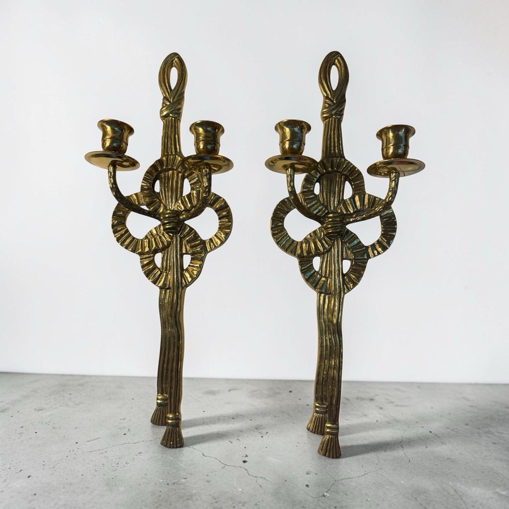 Vintage Brass Wall Sconces Pair 16" Gallery Wall Ornate Candle Tassel Luxury Bow